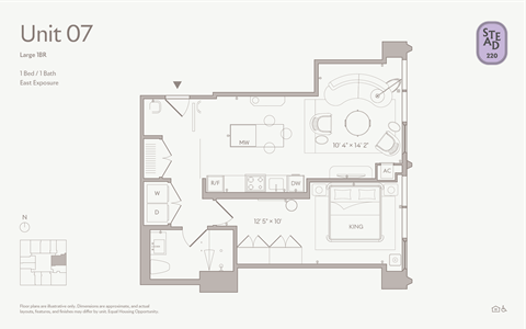 Floor plan for 1 bed, 1 bath, 770 sqft